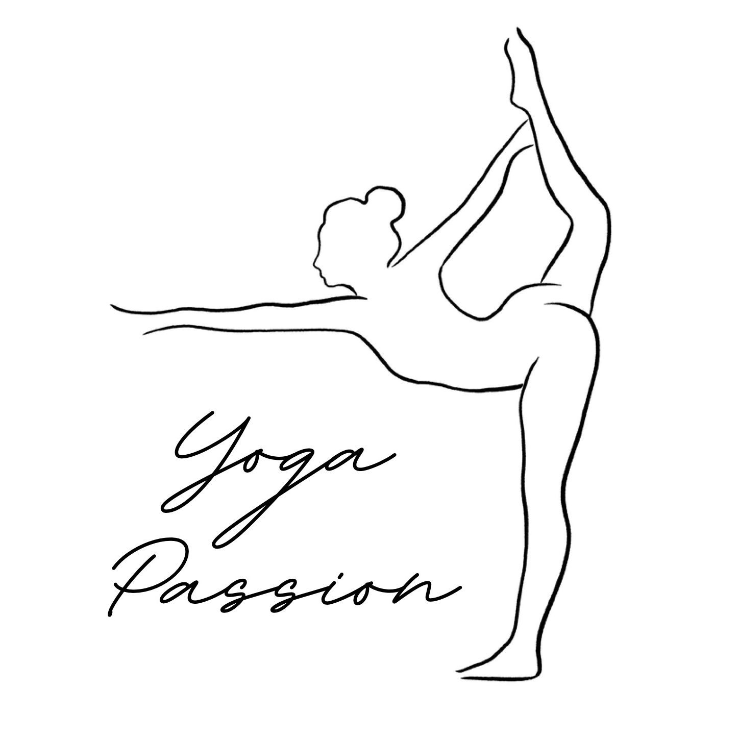 Logo a názov Yoga Passion - obrys ženy v pozícii tanečníka, s jednou rukou horizontálne vpred